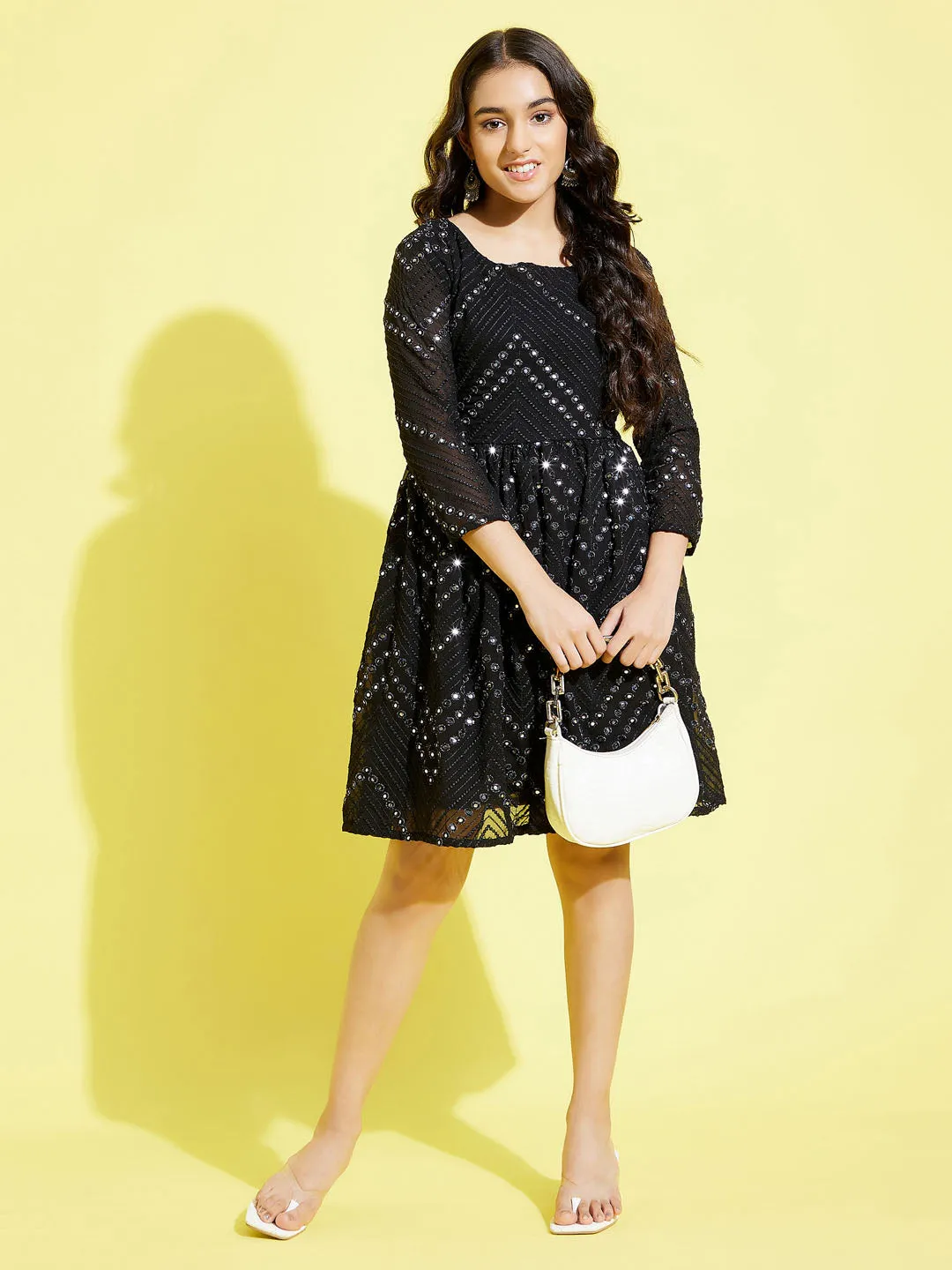 Jashvi Girl's Black  Mirror Kurta