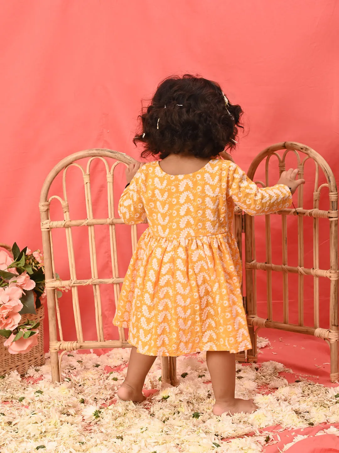 Jashvi Girl's Orange Chikankari Cotton Kurta
