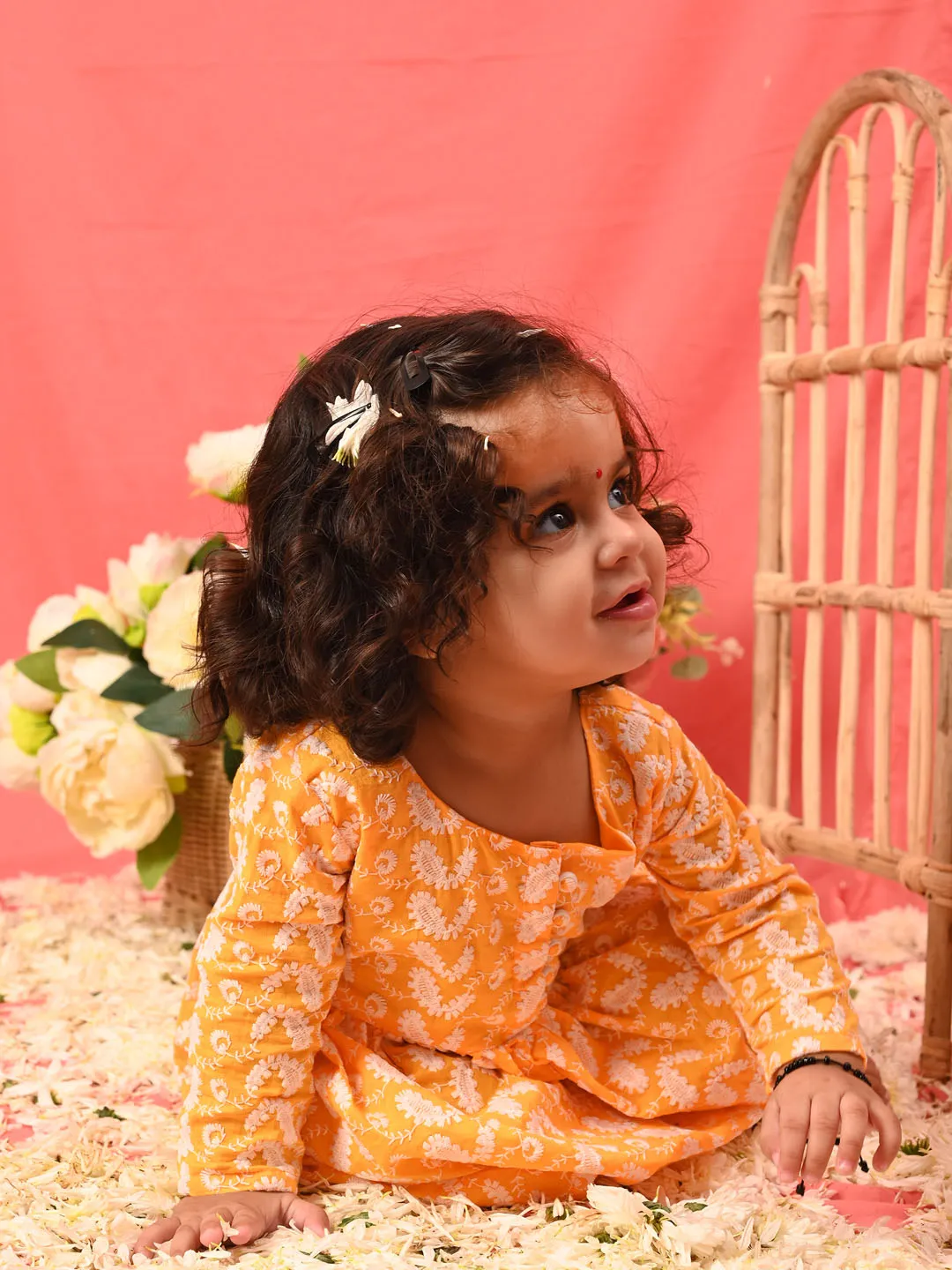 Jashvi Girl's Orange Chikankari Cotton Kurta