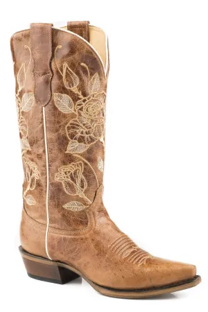 Ladies Leather Marbled Brown With Rose Embroidery - 0297