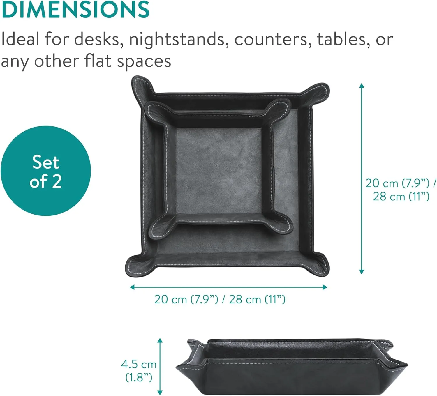 Navaris Square PU Leather Tray Set - Versatile Vanity or Bedside Table Organiser - Womens and Mens Coin Key or Valet Bowl - Stylish Storage Trays - Set of 2 - Black