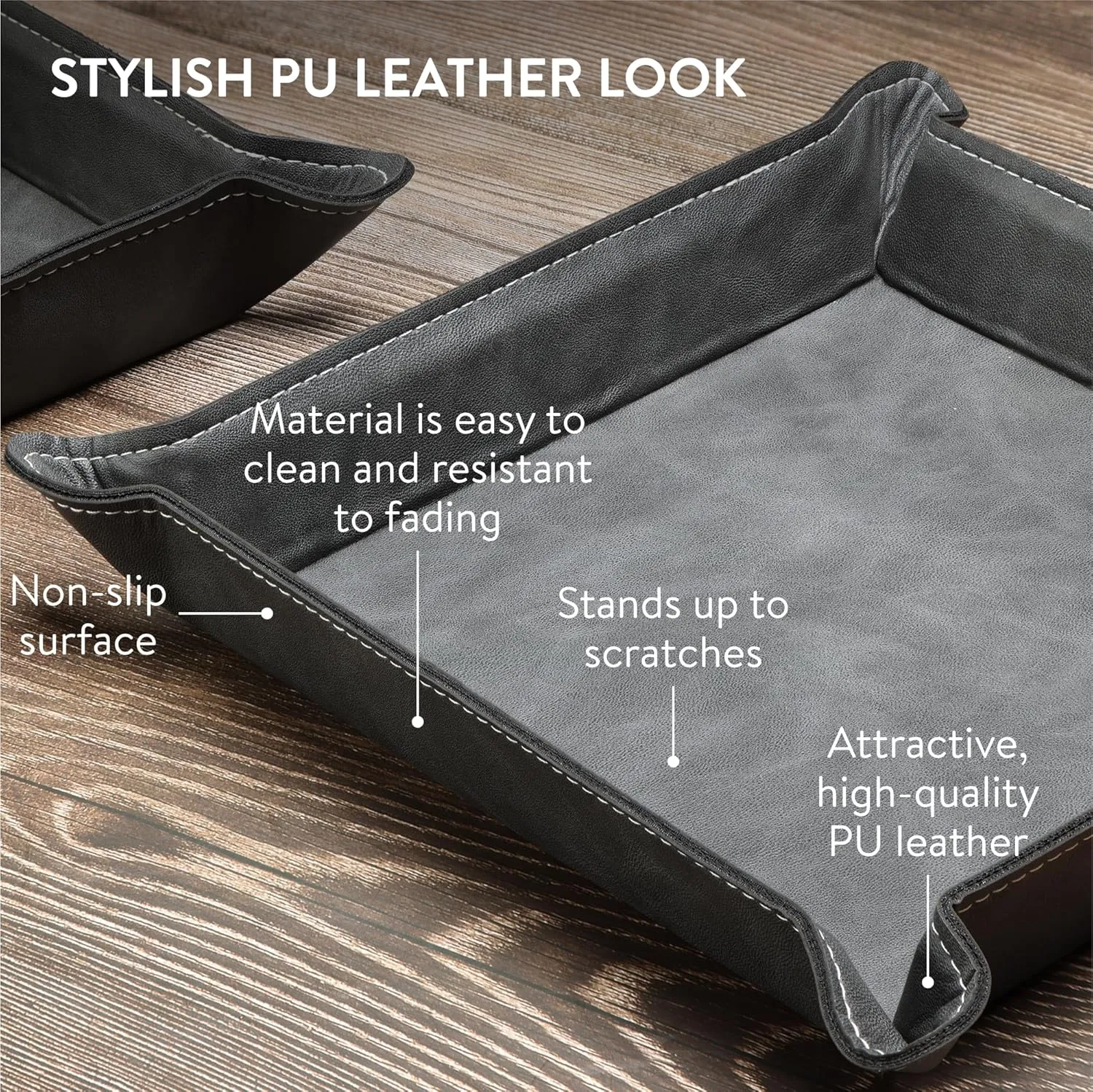 Navaris Square PU Leather Tray Set - Versatile Vanity or Bedside Table Organiser - Womens and Mens Coin Key or Valet Bowl - Stylish Storage Trays - Set of 2 - Black