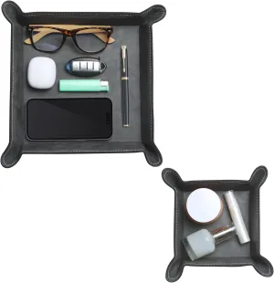 Navaris Square PU Leather Tray Set - Versatile Vanity or Bedside Table Organiser - Womens and Mens Coin Key or Valet Bowl - Stylish Storage Trays - Set of 2 - Black