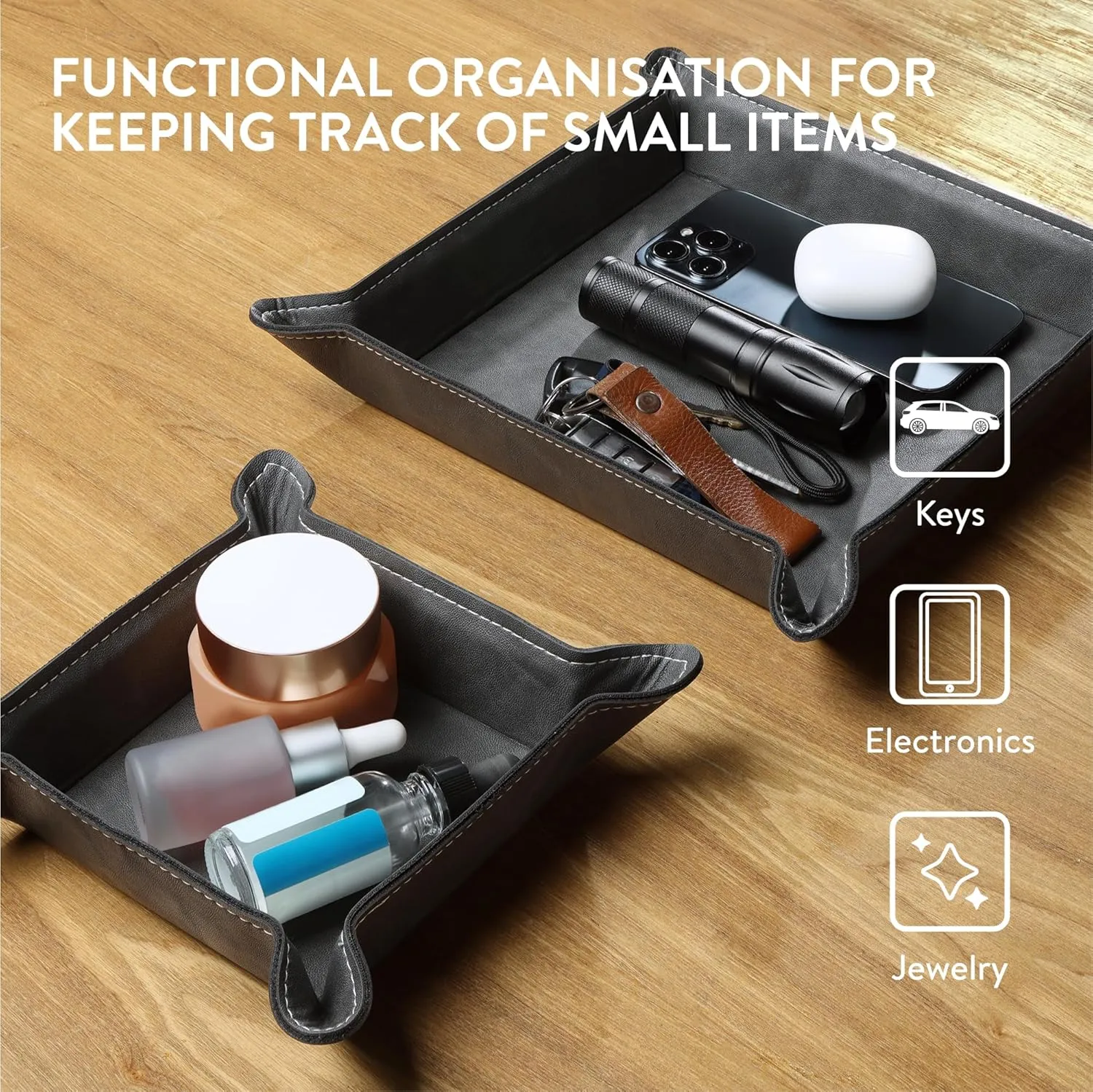 Navaris Square PU Leather Tray Set - Versatile Vanity or Bedside Table Organiser - Womens and Mens Coin Key or Valet Bowl - Stylish Storage Trays - Set of 2 - Black
