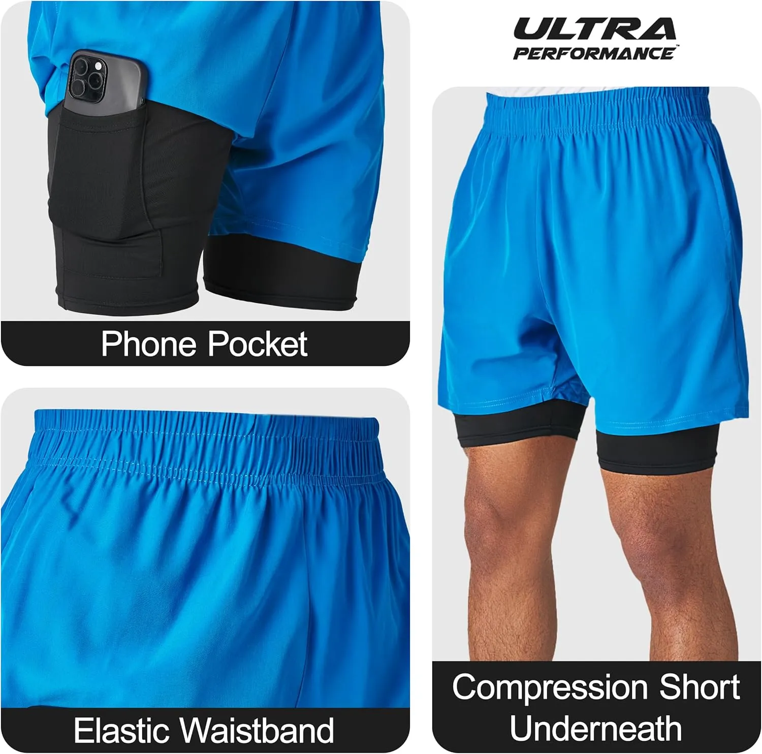 Ultra Performance Men's Athletic 2 in 1 Compression Shorts 2 Pack Mens Gym Workout Running Short??s for Men, 5 Inch Inseam