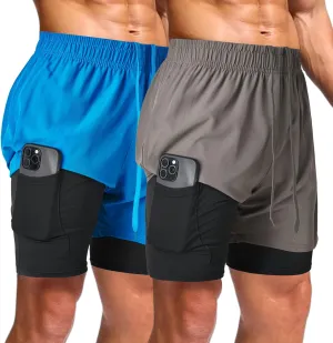 Ultra Performance Men's Athletic 2 in 1 Compression Shorts 2 Pack Mens Gym Workout Running Short??s for Men, 5 Inch Inseam