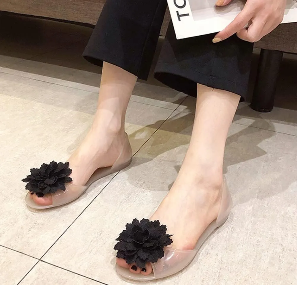 Womens Jelly Shoes Cute Flower Non-Slip Flat Sandals Comfy Open Toe Clear Jelly Sandal for Outdoor Walking Beach