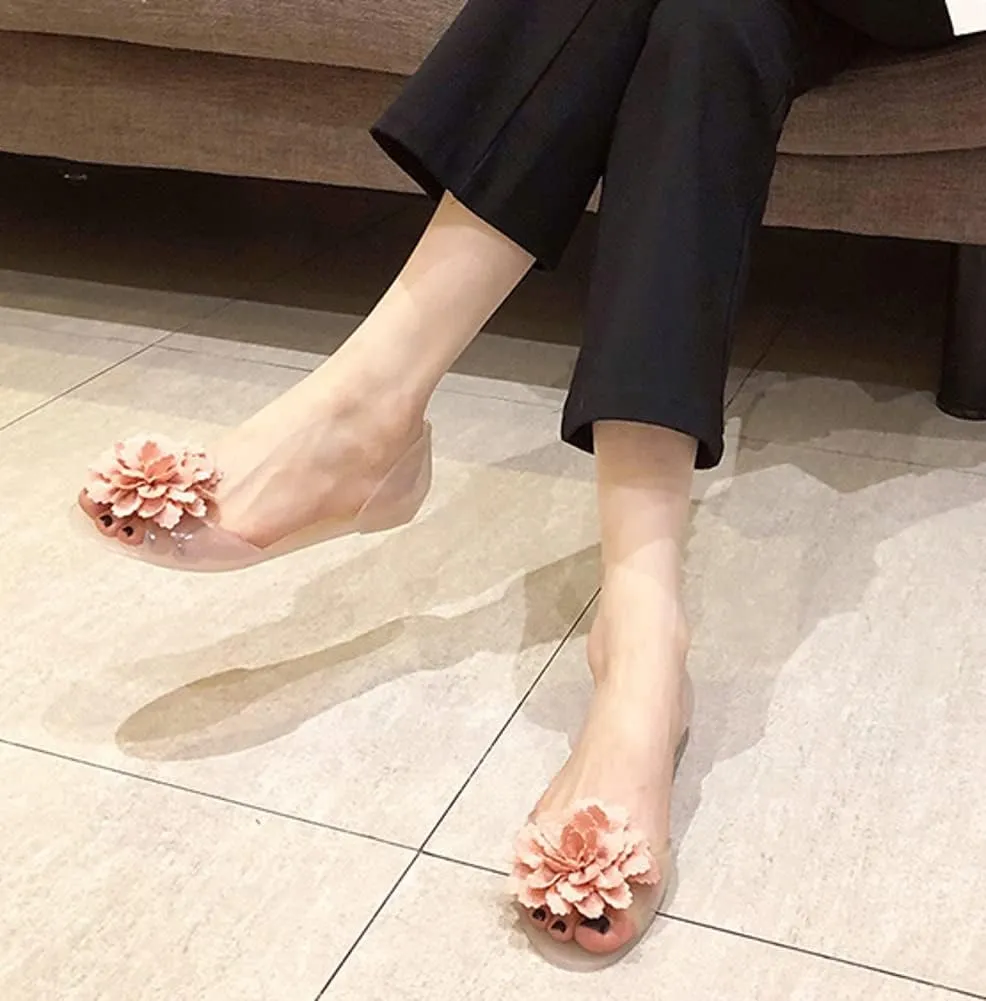 Womens Jelly Shoes Cute Flower Non-Slip Flat Sandals Comfy Open Toe Clear Jelly Sandal for Outdoor Walking Beach