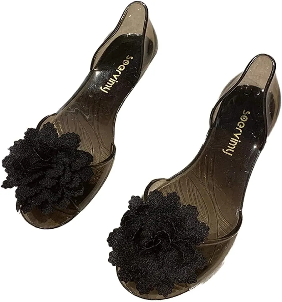 Womens Jelly Shoes Cute Flower Non-Slip Flat Sandals Comfy Open Toe Clear Jelly Sandal for Outdoor Walking Beach