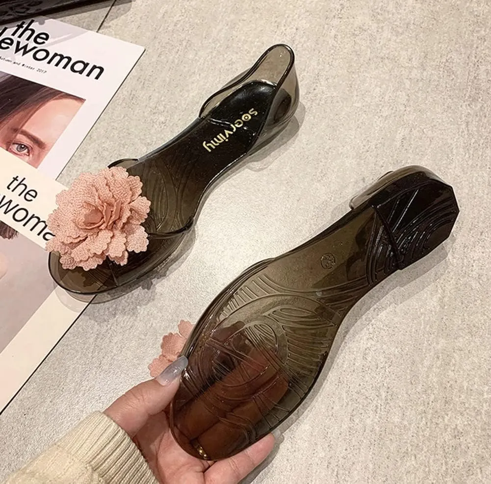 Womens Jelly Shoes Cute Flower Non-Slip Flat Sandals Comfy Open Toe Clear Jelly Sandal for Outdoor Walking Beach