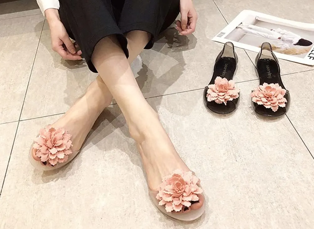 Womens Jelly Shoes Cute Flower Non-Slip Flat Sandals Comfy Open Toe Clear Jelly Sandal for Outdoor Walking Beach