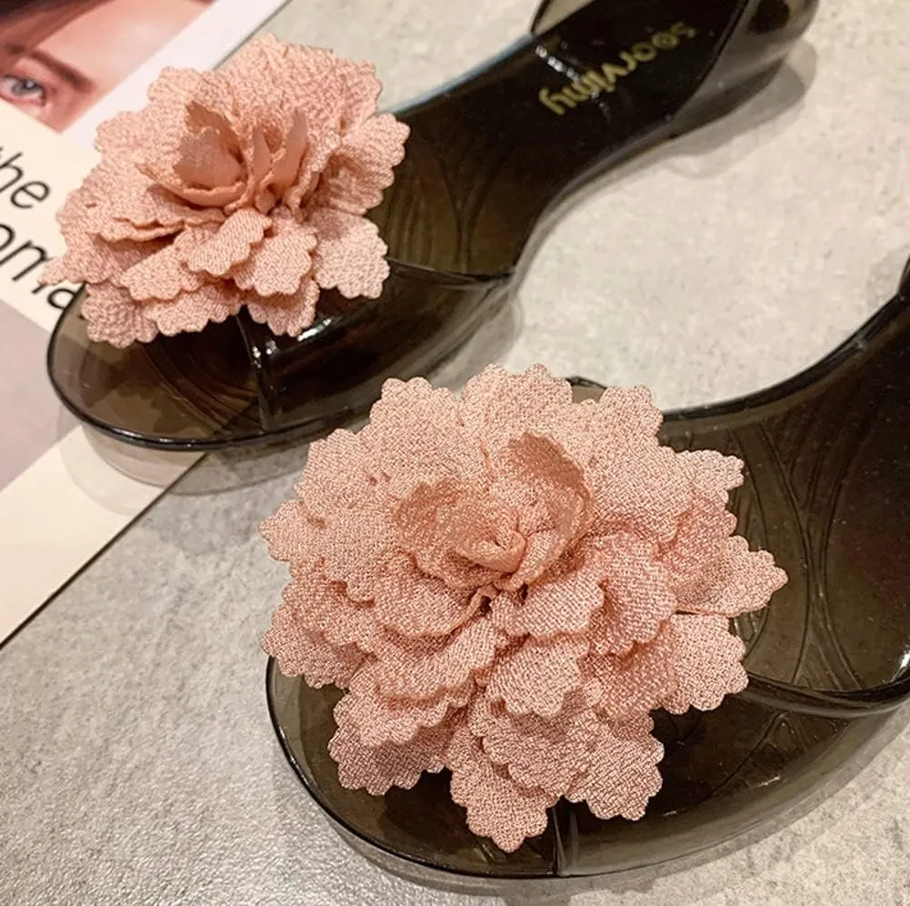 Womens Jelly Shoes Cute Flower Non-Slip Flat Sandals Comfy Open Toe Clear Jelly Sandal for Outdoor Walking Beach